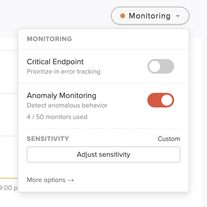 Monitoring dropdown with the Anomaly Monitoring toggle enabled
