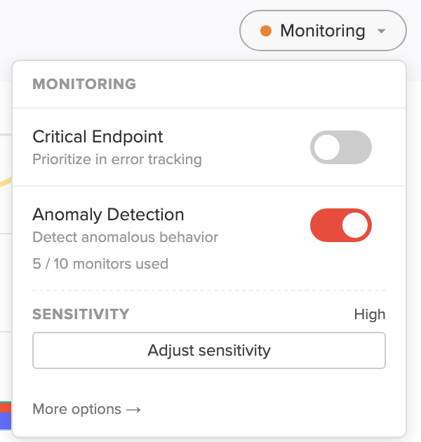 Monitoring dropdown with the Anomaly Detection toggle enabled