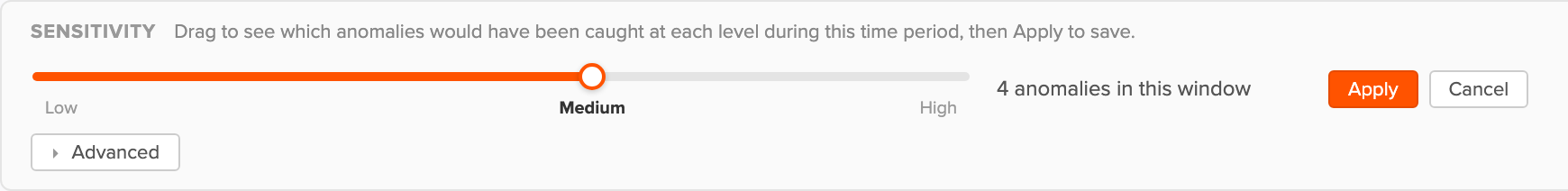 Sensitivity slider with live anomaly count and Apply button