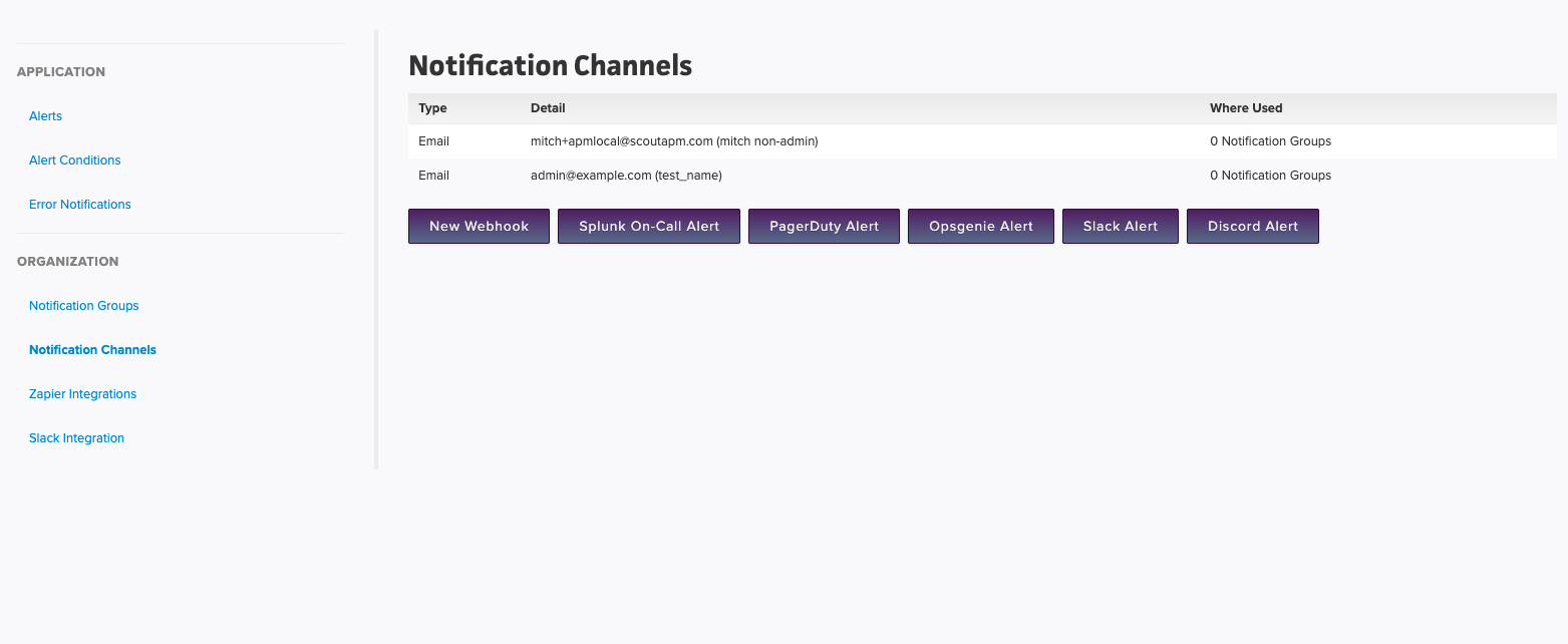 Scout's notification channels page with the Discord Alert button