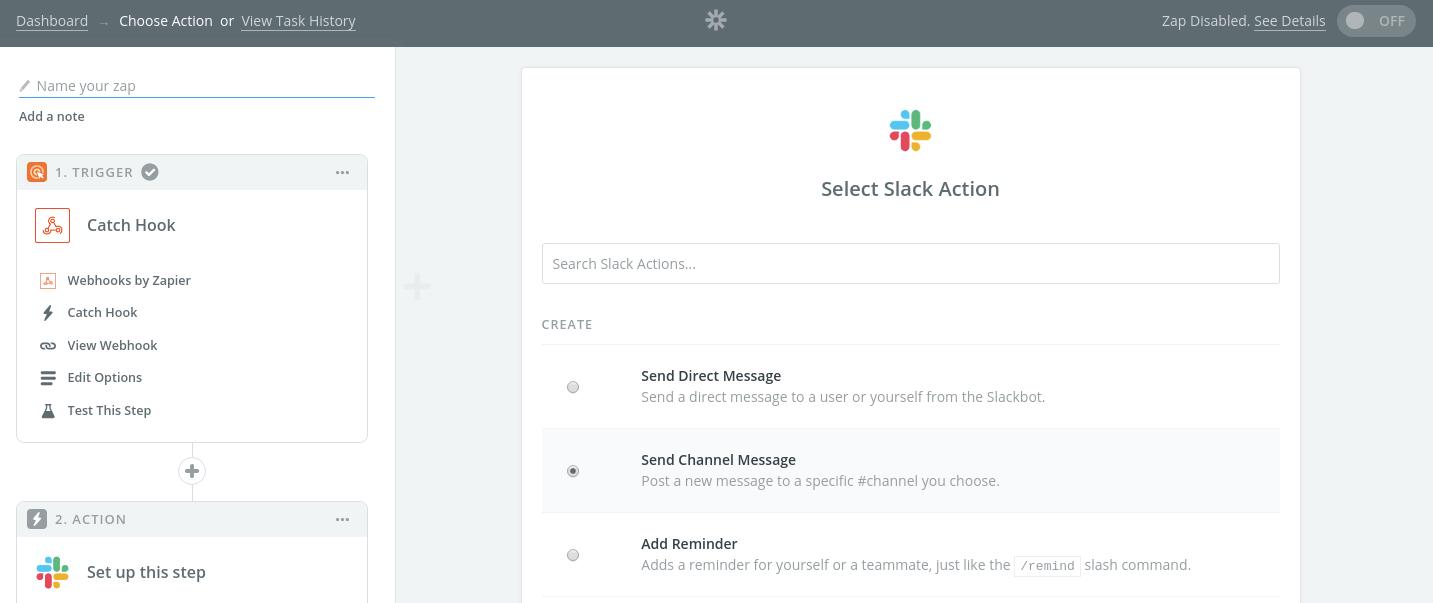 Select a Slack Action